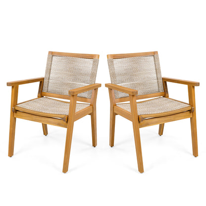 Outdoor Dining Chairs Set of 2, Teak Finish Wood Frame and Mix Brown Rope, Natural Courtyard Style, 400lbs Capacity
