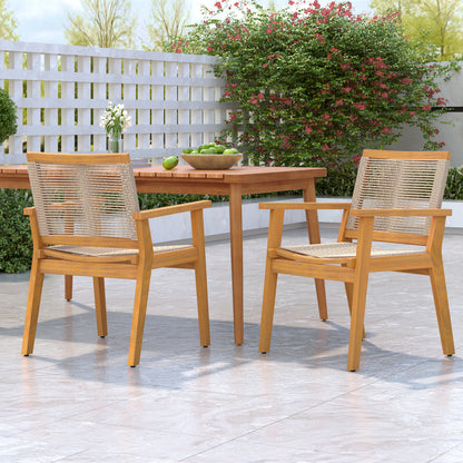 Outdoor Dining Chairs Set of 2, Teak Finish Wood Frame and Mix Brown Rope, Natural Courtyard Style, 400lbs Capacity
