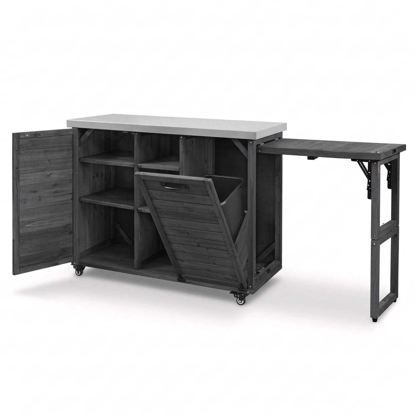 78.3" Outdoor Kitchen Island with Foldable Grill Table, Wooden Outdoor Grill Cart with Trash Can Storage & Stainless Steel Top, Outdoor Bar Cart, Pizza Oven Table for Lawn & Garden, Black