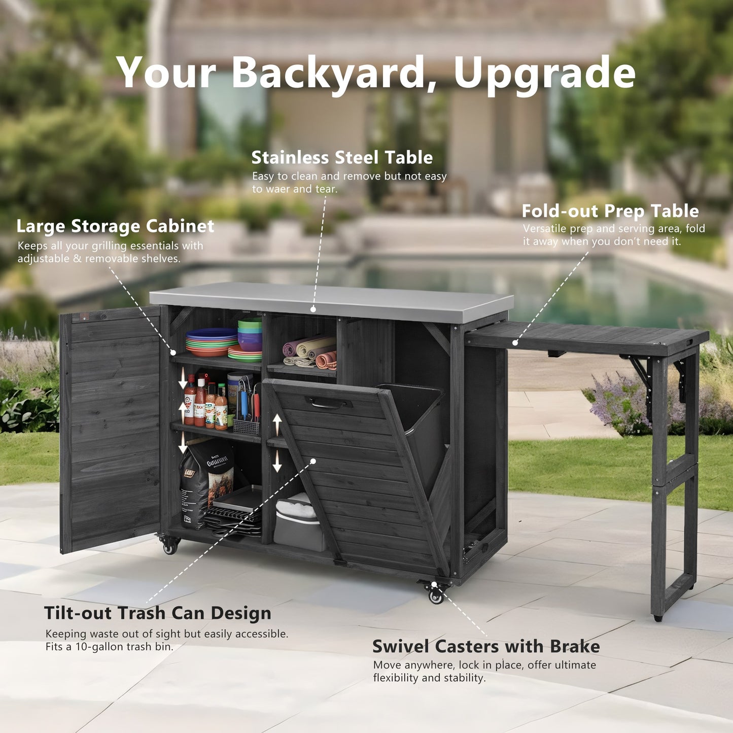 78.3" Outdoor Kitchen Island with Foldable Grill Table, Wooden Outdoor Grill Cart with Trash Can Storage & Stainless Steel Top, Outdoor Bar Cart, Pizza Oven Table for Lawn & Garden, Black