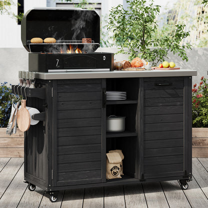78.3" Outdoor Kitchen Island with Foldable Grill Table, Wooden Outdoor Grill Cart with Trash Can Storage & Stainless Steel Top, Outdoor Bar Cart, Pizza Oven Table for Lawn & Garden, Black