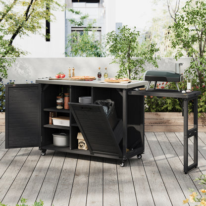78.3" Outdoor Kitchen Island with Foldable Grill Table, Wooden Outdoor Grill Cart with Trash Can Storage & Stainless Steel Top, Outdoor Bar Cart, Pizza Oven Table for Lawn & Garden, Black