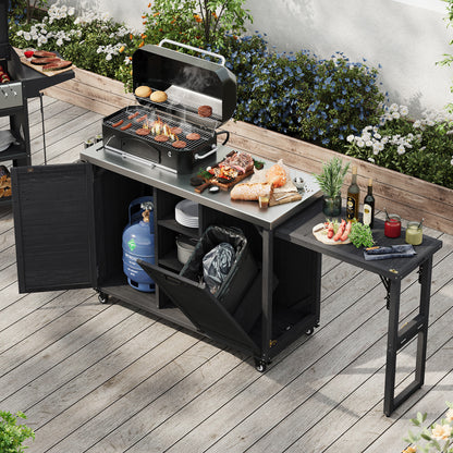 78.3" Outdoor Kitchen Island with Foldable Grill Table, Wooden Outdoor Grill Cart with Trash Can Storage & Stainless Steel Top, Outdoor Bar Cart, Pizza Oven Table for Lawn & Garden, Black