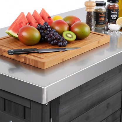 78.3" Outdoor Kitchen Island with Foldable Grill Table, Wooden Outdoor Grill Cart with Trash Can Storage & Stainless Steel Top, Outdoor Bar Cart, Pizza Oven Table for Lawn & Garden, Black