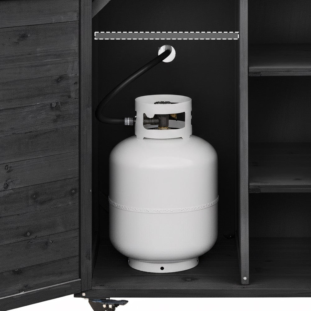 78.3" Outdoor Kitchen Island with Foldable Grill Table, Wooden Outdoor Grill Cart with Trash Can Storage & Stainless Steel Top, Outdoor Bar Cart, Pizza Oven Table for Lawn & Garden, Black