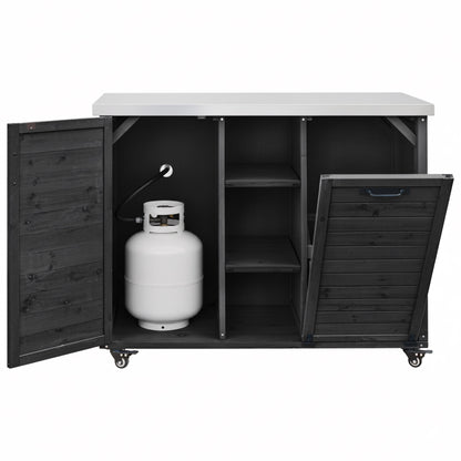 78.3" Outdoor Kitchen Island with Foldable Grill Table, Wooden Outdoor Grill Cart with Trash Can Storage & Stainless Steel Top, Outdoor Bar Cart, Pizza Oven Table for Lawn & Garden, Black