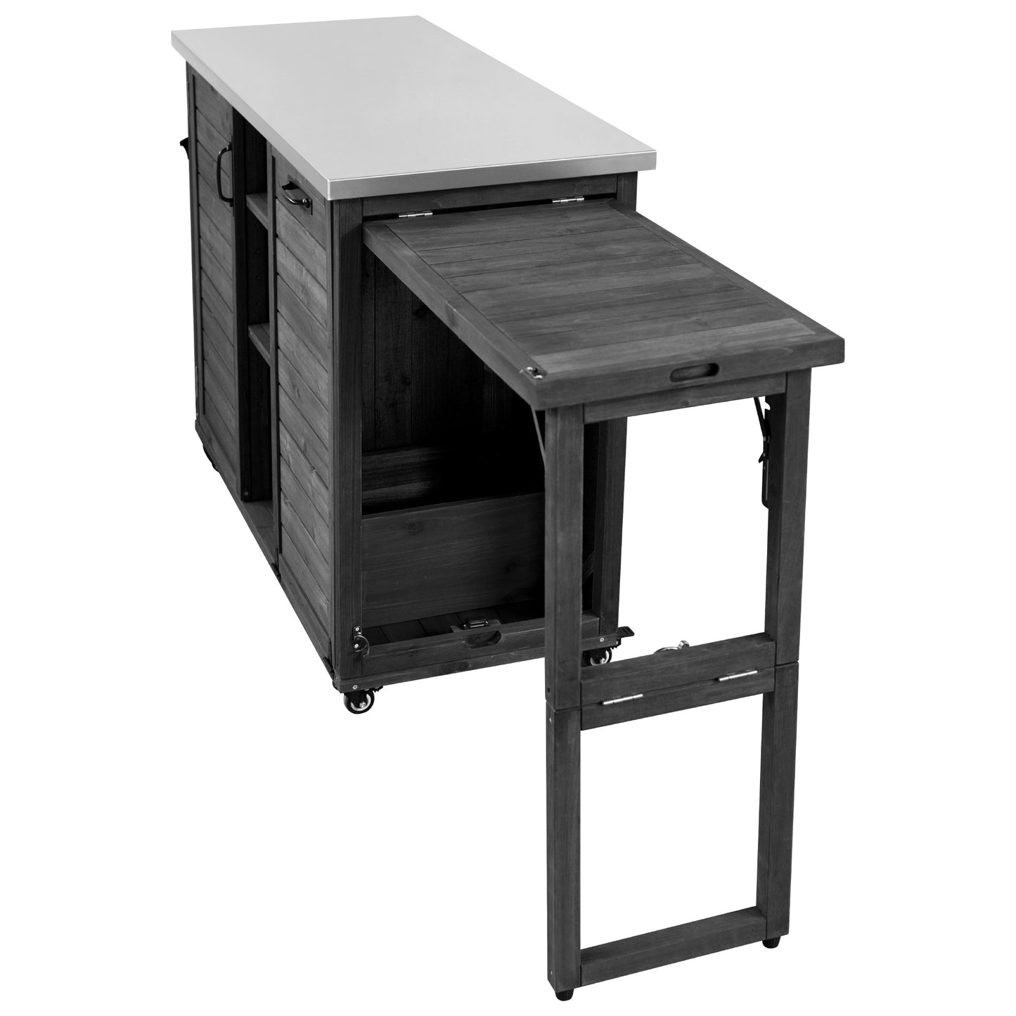 78.3" Outdoor Kitchen Island with Foldable Grill Table, Wooden Outdoor Grill Cart with Trash Can Storage & Stainless Steel Top, Outdoor Bar Cart, Pizza Oven Table for Lawn & Garden, Black