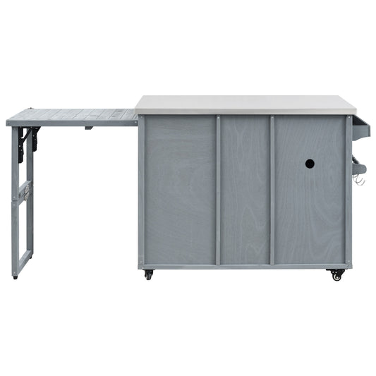 78.3" Outdoor Kitchen Island with Foldable Grill Table, Wooden Outdoor Grill Cart with Trash Can Storage & Stainless Steel Top, Outdoor Bar Cart, Pizza Oven Table for Lawn & Garden, Grey Blue
