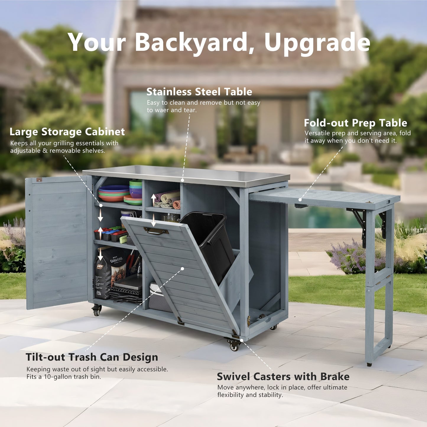 78.3" Outdoor Kitchen Island with Foldable Grill Table, Wooden Outdoor Grill Cart with Trash Can Storage & Stainless Steel Top, Outdoor Bar Cart, Pizza Oven Table for Lawn & Garden, Grey Blue