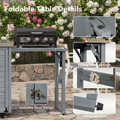 78.3" Outdoor Kitchen Island with Foldable Grill Table, Wooden Outdoor Grill Cart with Trash Can Storage & Stainless Steel Top, Outdoor Bar Cart, Pizza Oven Table for Lawn & Garden, Grey Blue