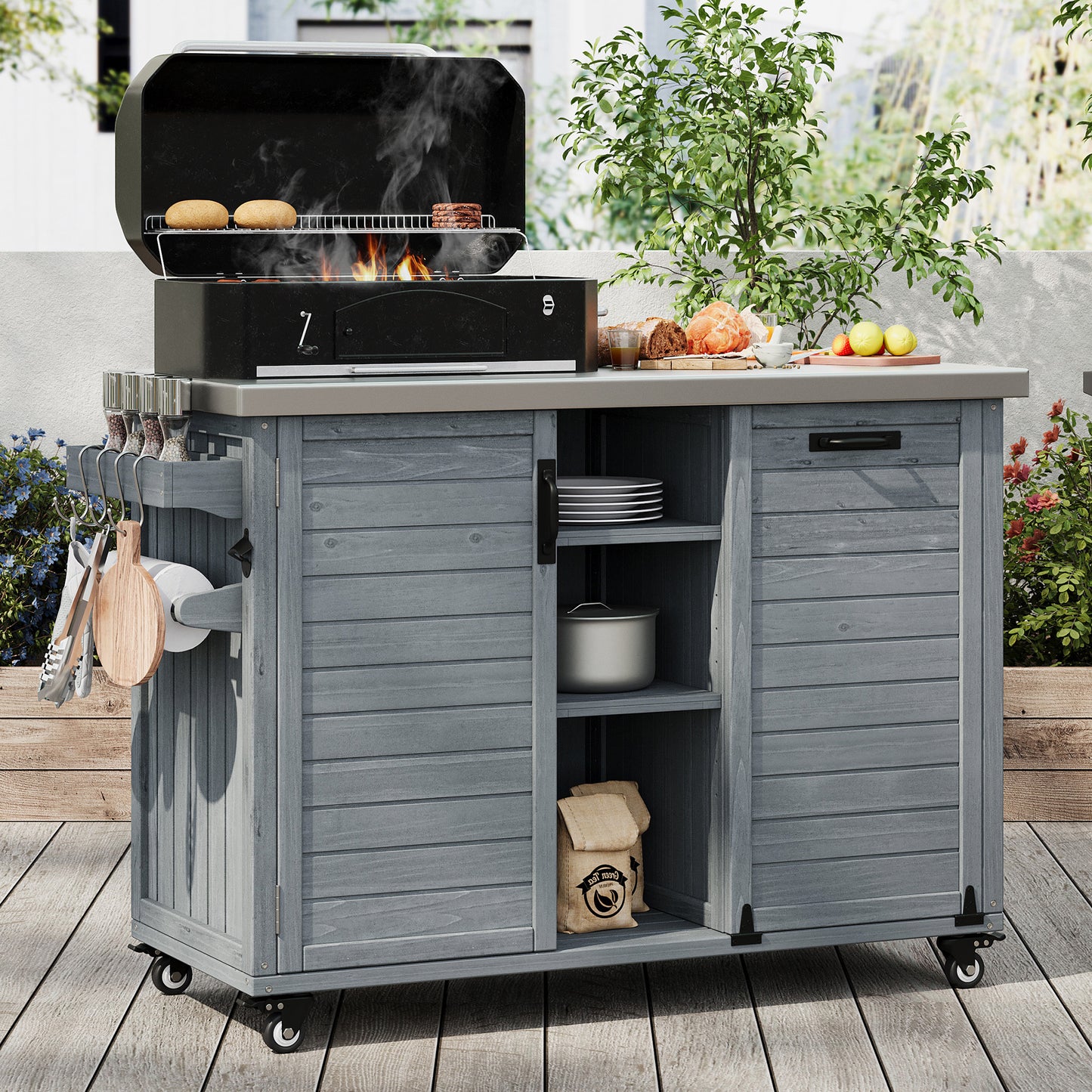 78.3" Outdoor Kitchen Island with Foldable Grill Table, Wooden Outdoor Grill Cart with Trash Can Storage & Stainless Steel Top, Outdoor Bar Cart, Pizza Oven Table for Lawn & Garden, Grey Blue