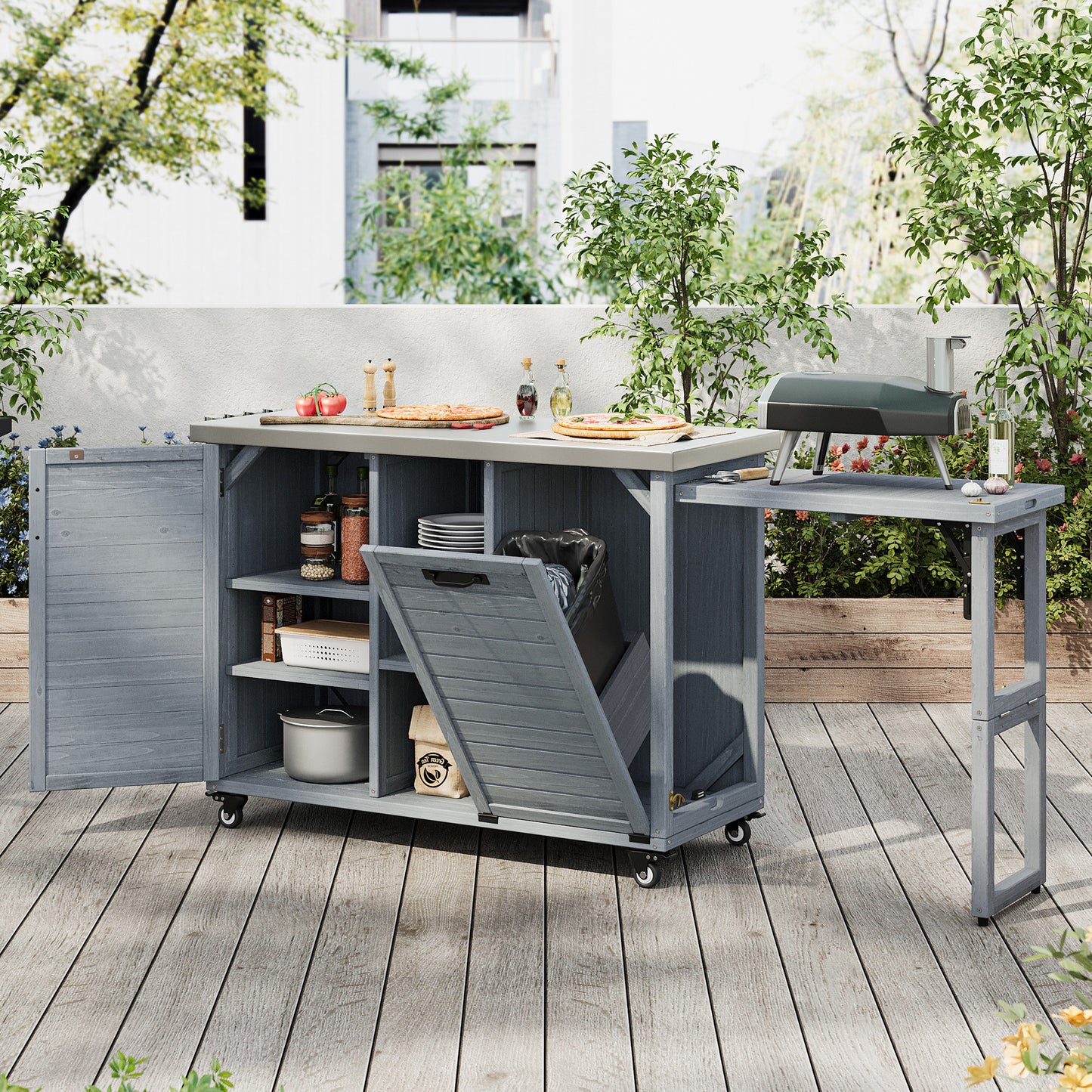 78.3" Outdoor Kitchen Island with Foldable Grill Table, Wooden Outdoor Grill Cart with Trash Can Storage & Stainless Steel Top, Outdoor Bar Cart, Pizza Oven Table for Lawn & Garden, Grey Blue