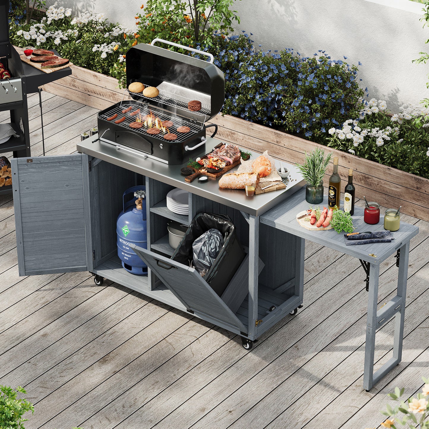 78.3" Outdoor Kitchen Island with Foldable Grill Table, Wooden Outdoor Grill Cart with Trash Can Storage & Stainless Steel Top, Outdoor Bar Cart, Pizza Oven Table for Lawn & Garden, Grey Blue