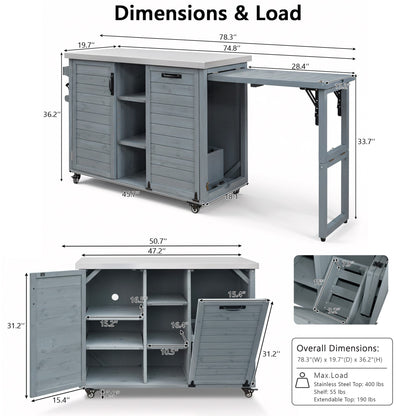 78.3" Outdoor Kitchen Island with Foldable Grill Table, Wooden Outdoor Grill Cart with Trash Can Storage & Stainless Steel Top, Outdoor Bar Cart, Pizza Oven Table for Lawn & Garden, Grey Blue