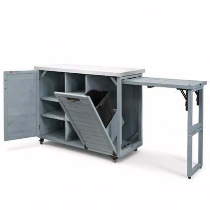 78.3" Outdoor Kitchen Island with Foldable Grill Table, Wooden Outdoor Grill Cart with Trash Can Storage & Stainless Steel Top, Outdoor Bar Cart, Pizza Oven Table for Lawn & Garden, Grey Blue