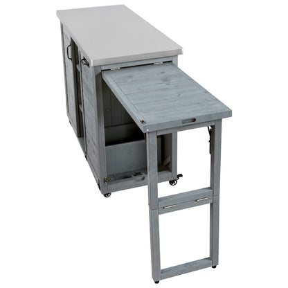 78.3" Outdoor Kitchen Island with Foldable Grill Table, Wooden Outdoor Grill Cart with Trash Can Storage & Stainless Steel Top, Outdoor Bar Cart, Pizza Oven Table for Lawn & Garden, Grey Blue