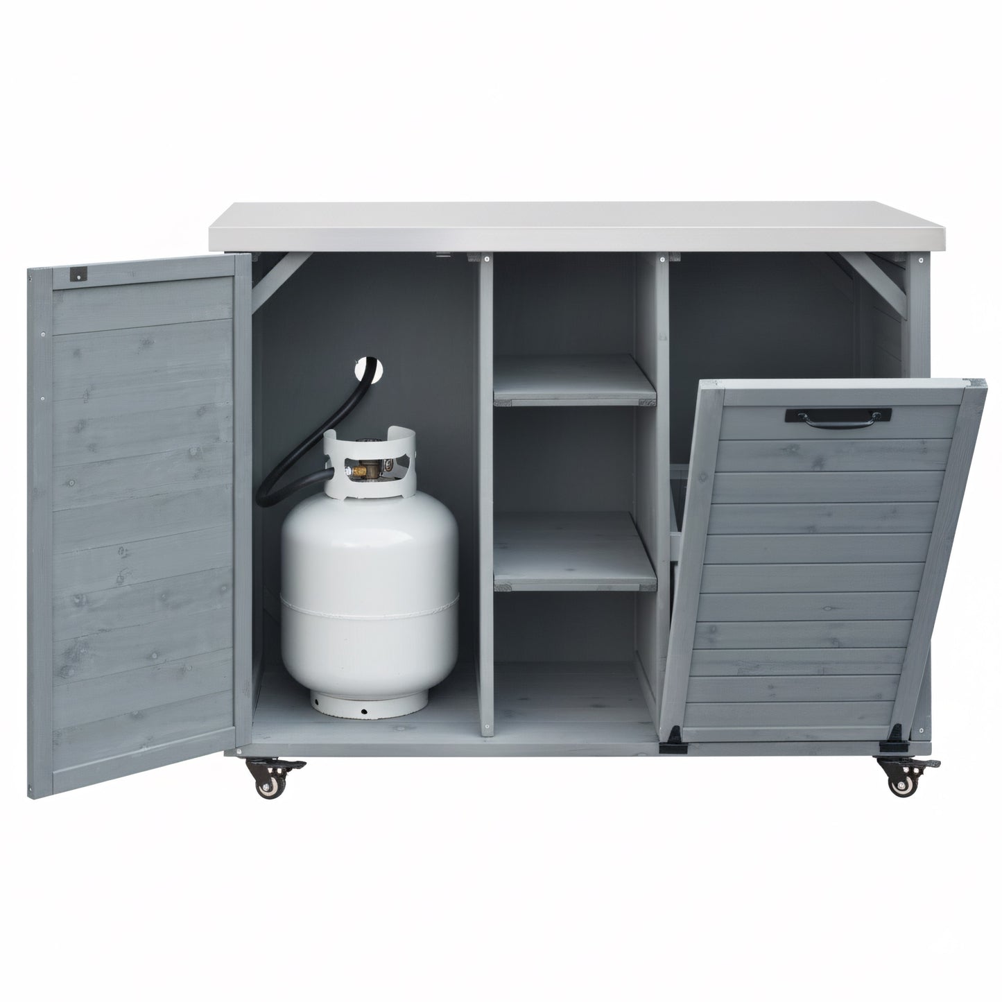 78.3" Outdoor Kitchen Island with Foldable Grill Table, Wooden Outdoor Grill Cart with Trash Can Storage & Stainless Steel Top, Outdoor Bar Cart, Pizza Oven Table for Lawn & Garden, Grey Blue