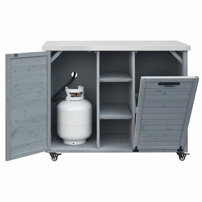 78.3" Outdoor Kitchen Island with Foldable Grill Table, Wooden Outdoor Grill Cart with Trash Can Storage & Stainless Steel Top, Outdoor Bar Cart, Pizza Oven Table for Lawn & Garden, Grey Blue