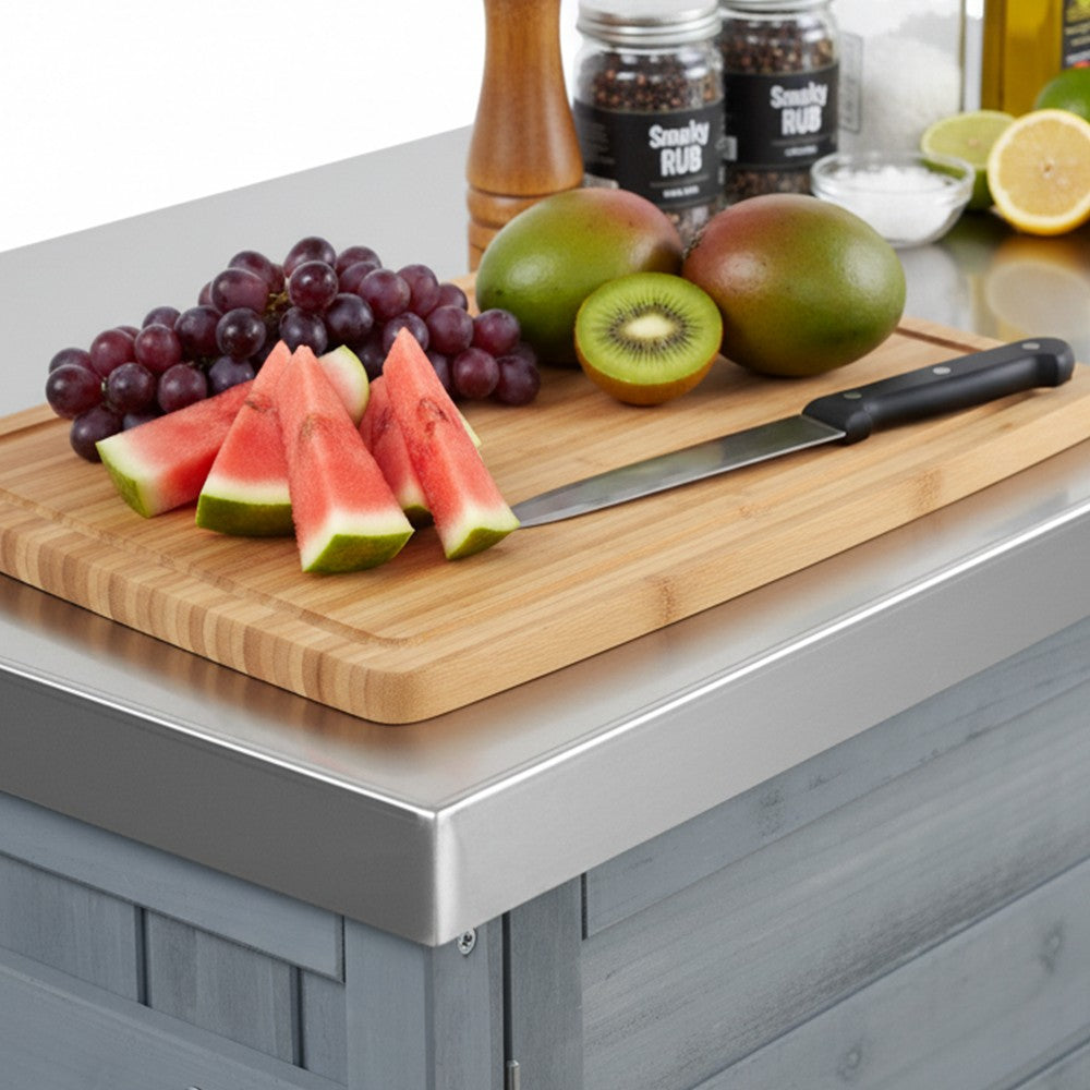 78.3" Outdoor Kitchen Island with Foldable Grill Table, Wooden Outdoor Grill Cart with Trash Can Storage & Stainless Steel Top, Outdoor Bar Cart, Pizza Oven Table for Lawn & Garden, Grey Blue