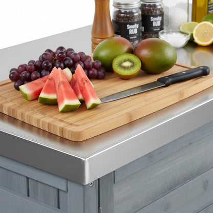 78.3" Outdoor Kitchen Island with Foldable Grill Table, Wooden Outdoor Grill Cart with Trash Can Storage & Stainless Steel Top, Outdoor Bar Cart, Pizza Oven Table for Lawn & Garden, Grey Blue