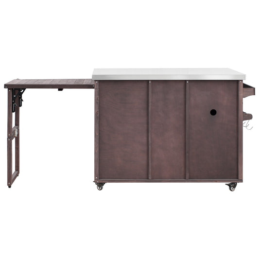 78.3" Outdoor Kitchen Island with Foldable Grill Table, Wooden Outdoor Grill Cart with Trash Can Storage & Stainless Steel Top, Outdoor Bar Cart, Pizza Oven Table for Lawn & Garden, Dark Brown
