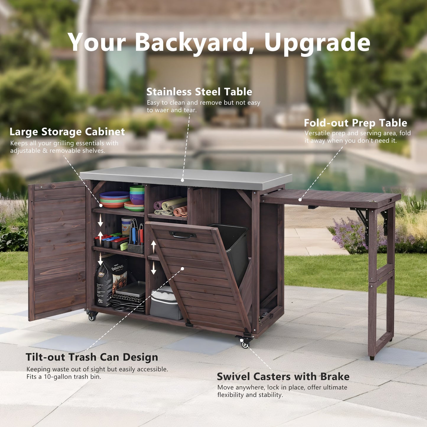 78.3" Outdoor Kitchen Island with Foldable Grill Table, Wooden Outdoor Grill Cart with Trash Can Storage & Stainless Steel Top, Outdoor Bar Cart, Pizza Oven Table for Lawn & Garden, Dark Brown