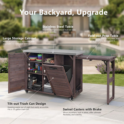 78.3" Outdoor Kitchen Island with Foldable Grill Table, Wooden Outdoor Grill Cart with Trash Can Storage & Stainless Steel Top, Outdoor Bar Cart, Pizza Oven Table for Lawn & Garden, Dark Brown