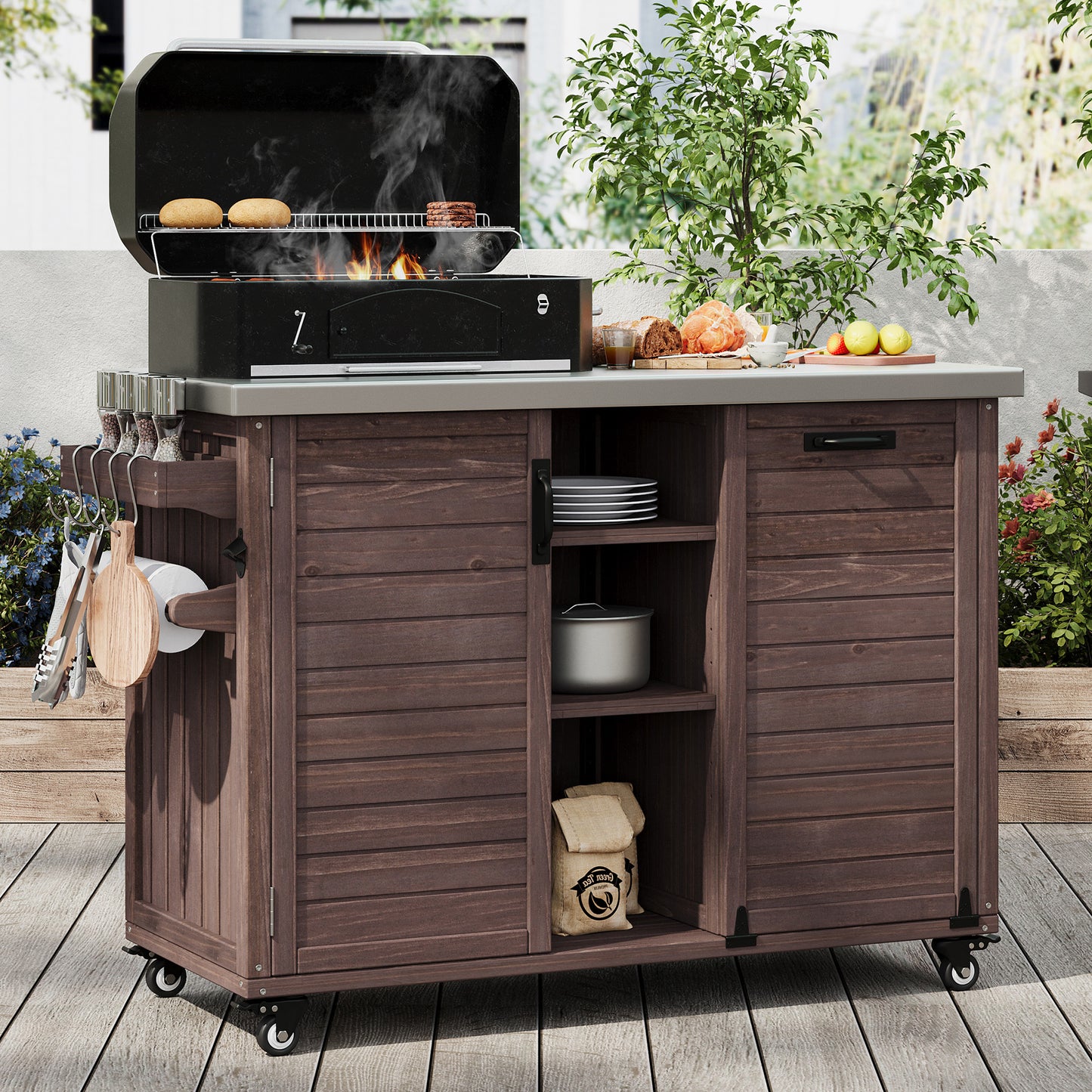 78.3" Outdoor Kitchen Island with Foldable Grill Table, Wooden Outdoor Grill Cart with Trash Can Storage & Stainless Steel Top, Outdoor Bar Cart, Pizza Oven Table for Lawn & Garden, Dark Brown