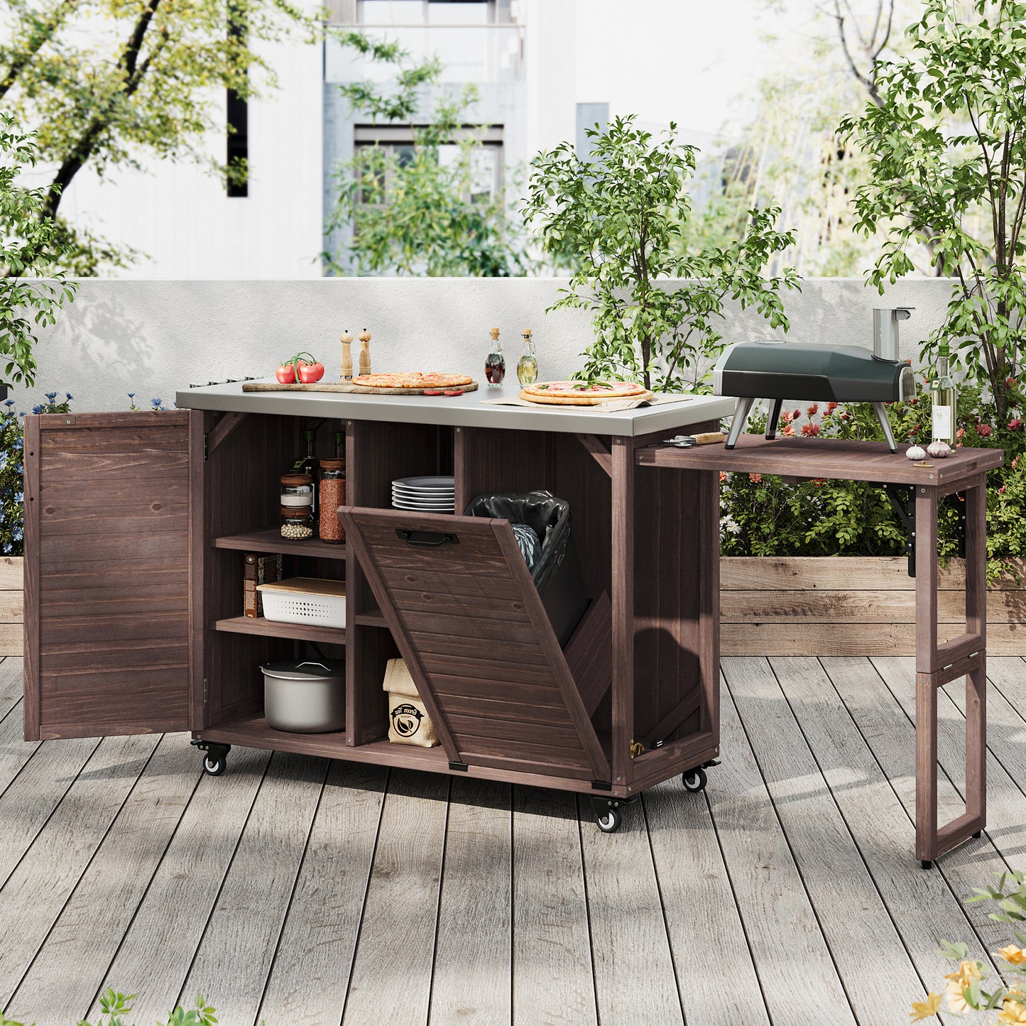 78.3" Outdoor Kitchen Island with Foldable Grill Table, Wooden Outdoor Grill Cart with Trash Can Storage & Stainless Steel Top, Outdoor Bar Cart, Pizza Oven Table for Lawn & Garden, Dark Brown