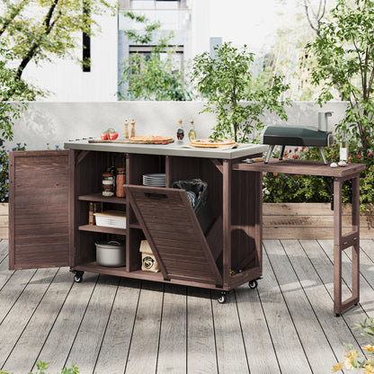 78.3" Outdoor Kitchen Island with Foldable Grill Table, Wooden Outdoor Grill Cart with Trash Can Storage & Stainless Steel Top, Outdoor Bar Cart, Pizza Oven Table for Lawn & Garden, Dark Brown