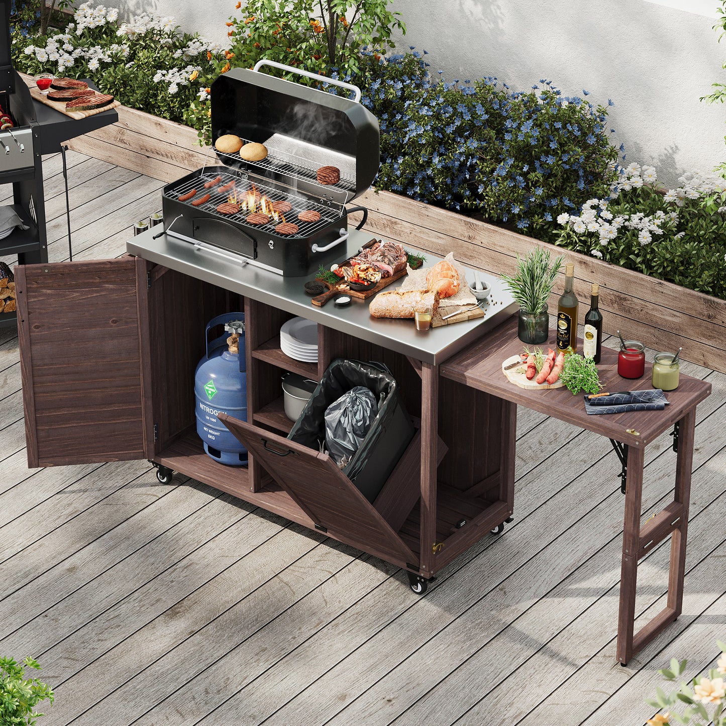 78.3" Outdoor Kitchen Island with Foldable Grill Table, Wooden Outdoor Grill Cart with Trash Can Storage & Stainless Steel Top, Outdoor Bar Cart, Pizza Oven Table for Lawn & Garden, Dark Brown