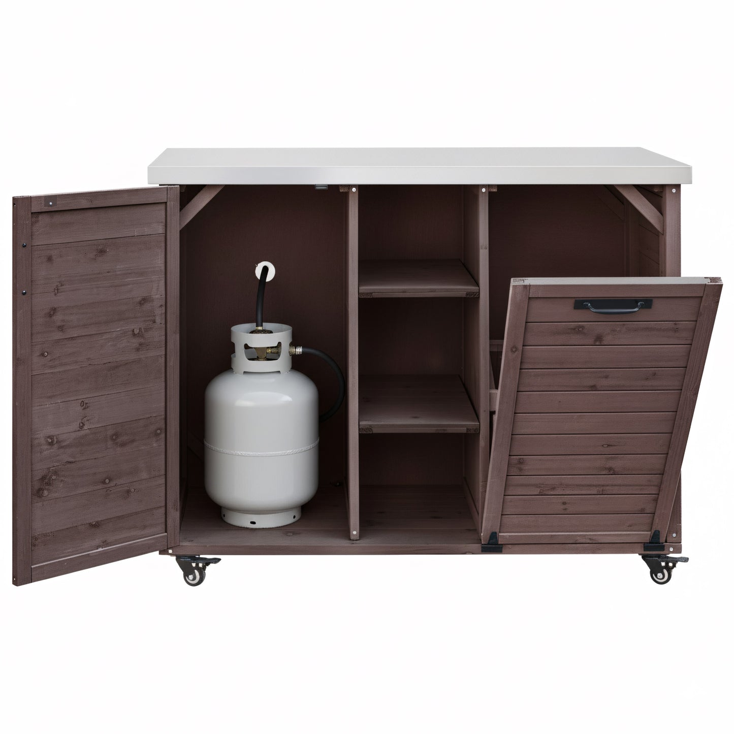 78.3" Outdoor Kitchen Island with Foldable Grill Table, Wooden Outdoor Grill Cart with Trash Can Storage & Stainless Steel Top, Outdoor Bar Cart, Pizza Oven Table for Lawn & Garden, Dark Brown