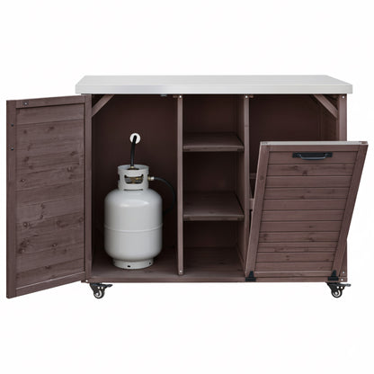 78.3" Outdoor Kitchen Island with Foldable Grill Table, Wooden Outdoor Grill Cart with Trash Can Storage & Stainless Steel Top, Outdoor Bar Cart, Pizza Oven Table for Lawn & Garden, Dark Brown