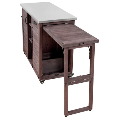 78.3" Outdoor Kitchen Island with Foldable Grill Table, Wooden Outdoor Grill Cart with Trash Can Storage & Stainless Steel Top, Outdoor Bar Cart, Pizza Oven Table for Lawn & Garden, Dark Brown