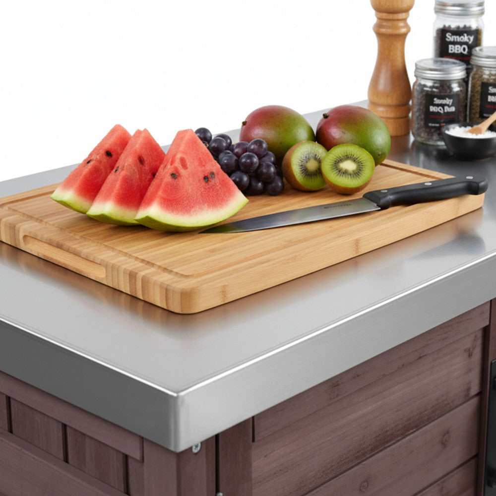 78.3" Outdoor Kitchen Island with Foldable Grill Table, Wooden Outdoor Grill Cart with Trash Can Storage & Stainless Steel Top, Outdoor Bar Cart, Pizza Oven Table for Lawn & Garden, Dark Brown