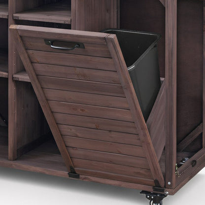 78.3" Outdoor Kitchen Island with Foldable Grill Table, Wooden Outdoor Grill Cart with Trash Can Storage & Stainless Steel Top, Outdoor Bar Cart, Pizza Oven Table for Lawn & Garden, Dark Brown