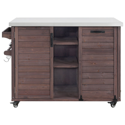 78.3" Outdoor Kitchen Island with Foldable Grill Table, Wooden Outdoor Grill Cart with Trash Can Storage & Stainless Steel Top, Outdoor Bar Cart, Pizza Oven Table for Lawn & Garden, Dark Brown