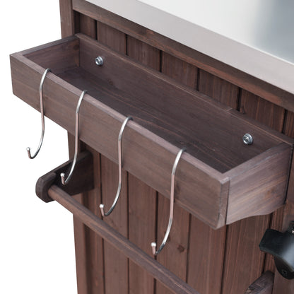 78.3" Outdoor Kitchen Island with Foldable Grill Table, Wooden Outdoor Grill Cart with Trash Can Storage & Stainless Steel Top, Outdoor Bar Cart, Pizza Oven Table for Lawn & Garden, Dark Brown