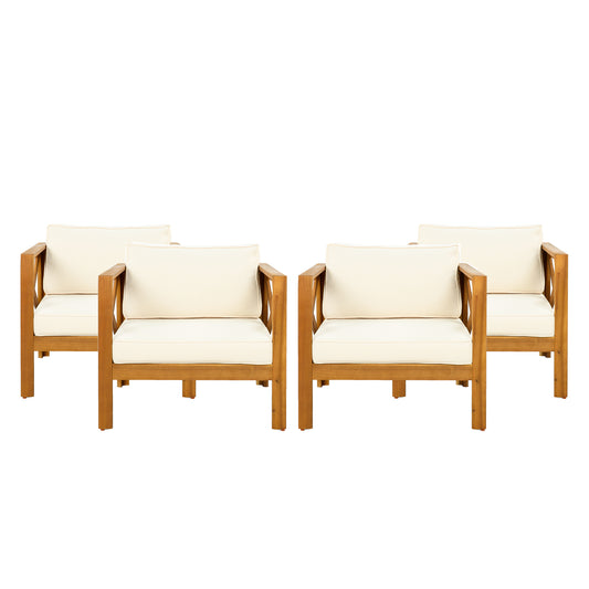Patio Conversation Set, Outdoor Wood Conversation Seat(Set of 2),Armchair with Cushions,Foldable Acacia Wood Side Table,Teak Finish,Beige Cushion