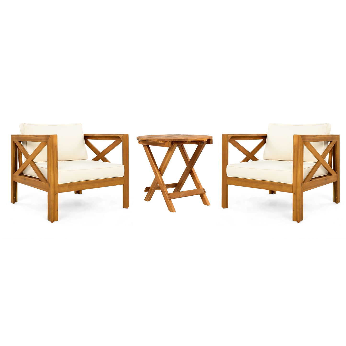 Patio Conversation Set, Outdoor Wood Conversation Seat(Set of 2),Armchair with Cushions,Foldable Acacia Wood Side Table,Teak Finish,Beige Cushion