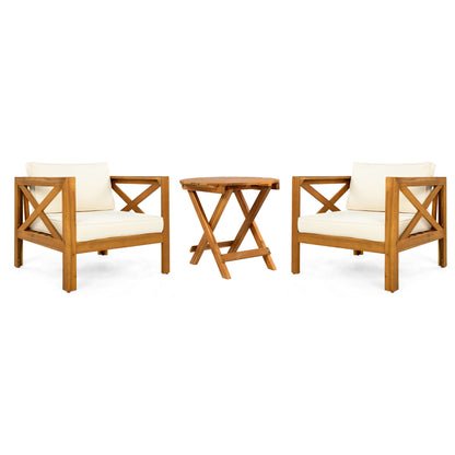Patio Conversation Set, Outdoor Wood Conversation Seat(Set of 2),Armchair with Cushions,Foldable Acacia Wood Side Table,Teak Finish,Beige Cushion