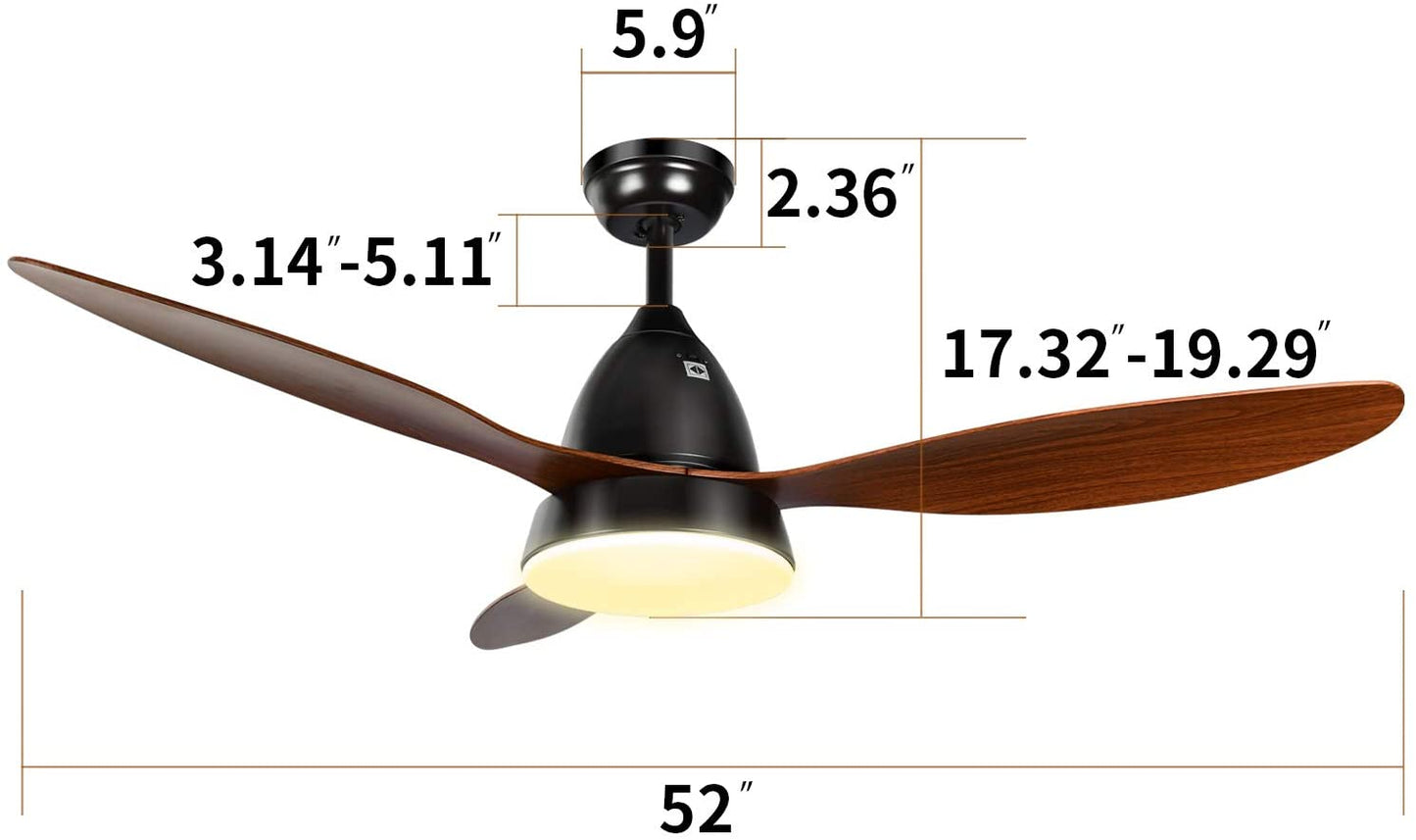 Ceiling Fans, 52'' Ceiling Fan with LED Frosted Light and Remote Control, Brushed Nickel Finish Blades for Living Room Kitchen Bedroom Dining Room, Brown-black  O