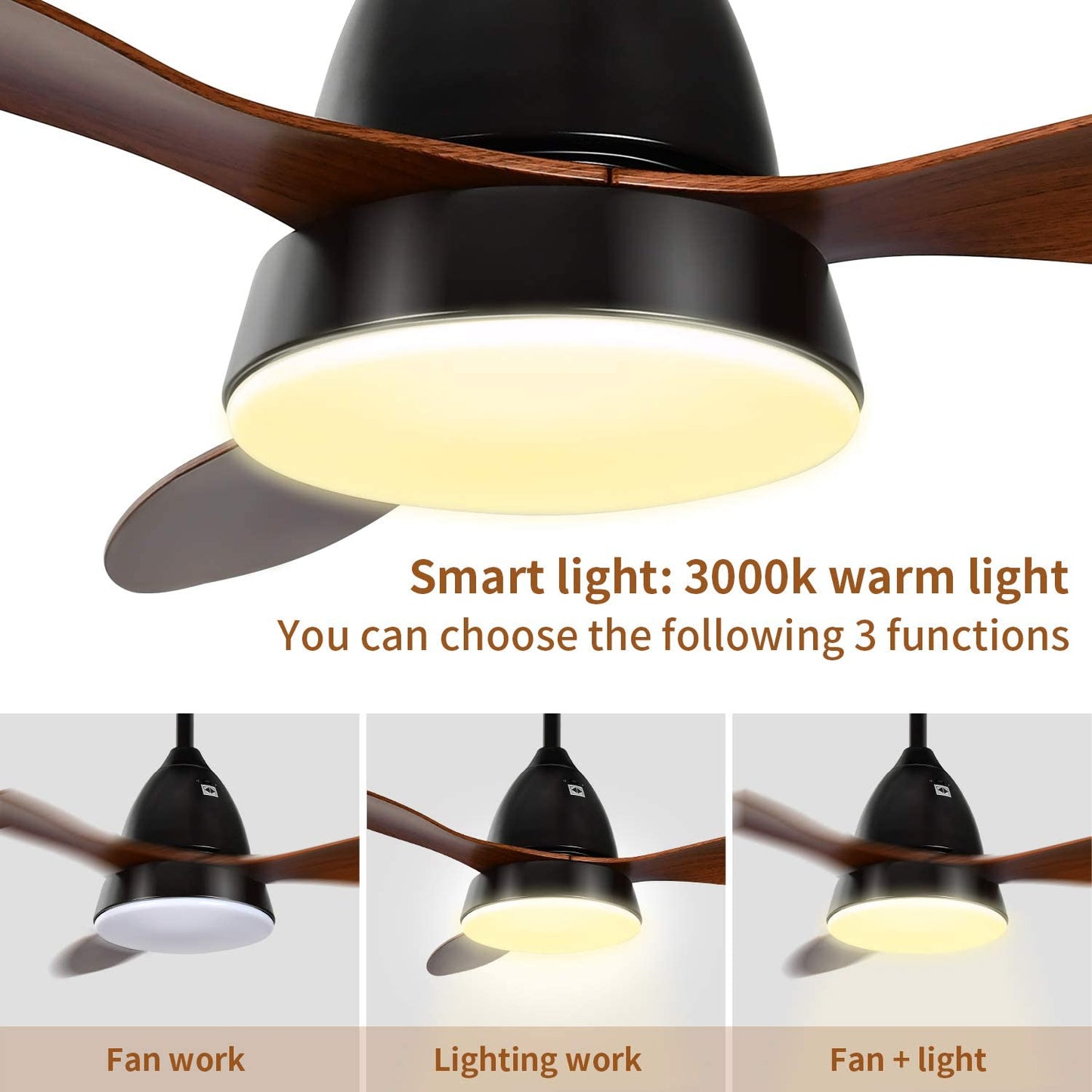 Ceiling Fans, 52'' Ceiling Fan with LED Frosted Light and Remote Control, Brushed Nickel Finish Blades for Living Room Kitchen Bedroom Dining Room, Brown-black  O