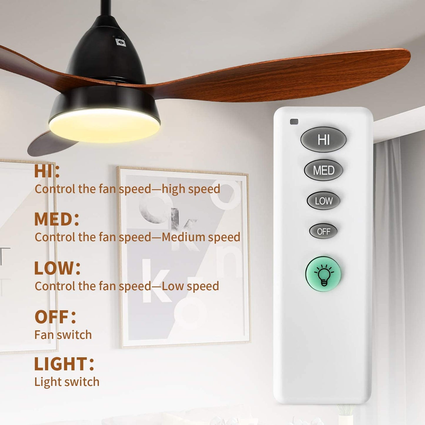 Ceiling Fans, 52'' Ceiling Fan with LED Frosted Light and Remote Control, Brushed Nickel Finish Blades for Living Room Kitchen Bedroom Dining Room, Brown-black  O