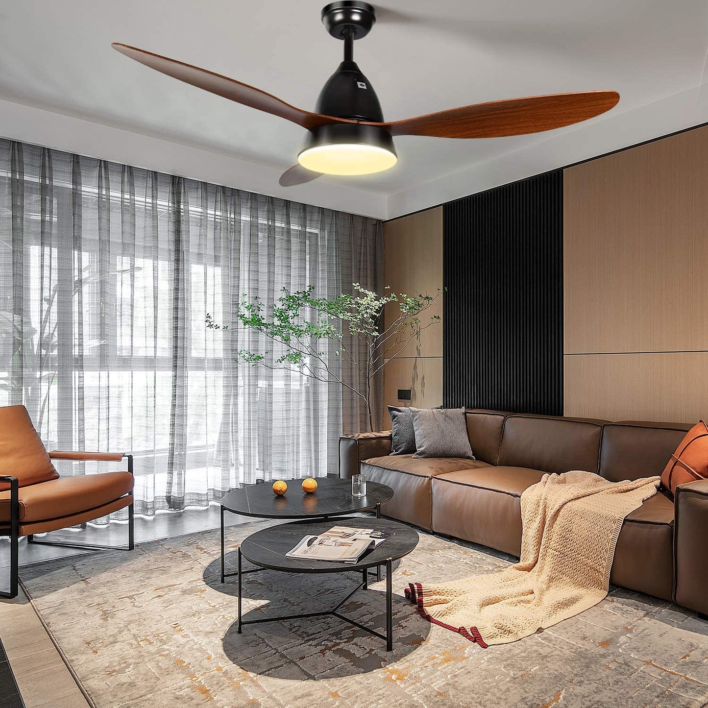 Ceiling Fans, 52'' Ceiling Fan with LED Frosted Light and Remote Control, Brushed Nickel Finish Blades for Living Room Kitchen Bedroom Dining Room, Brown-black  O