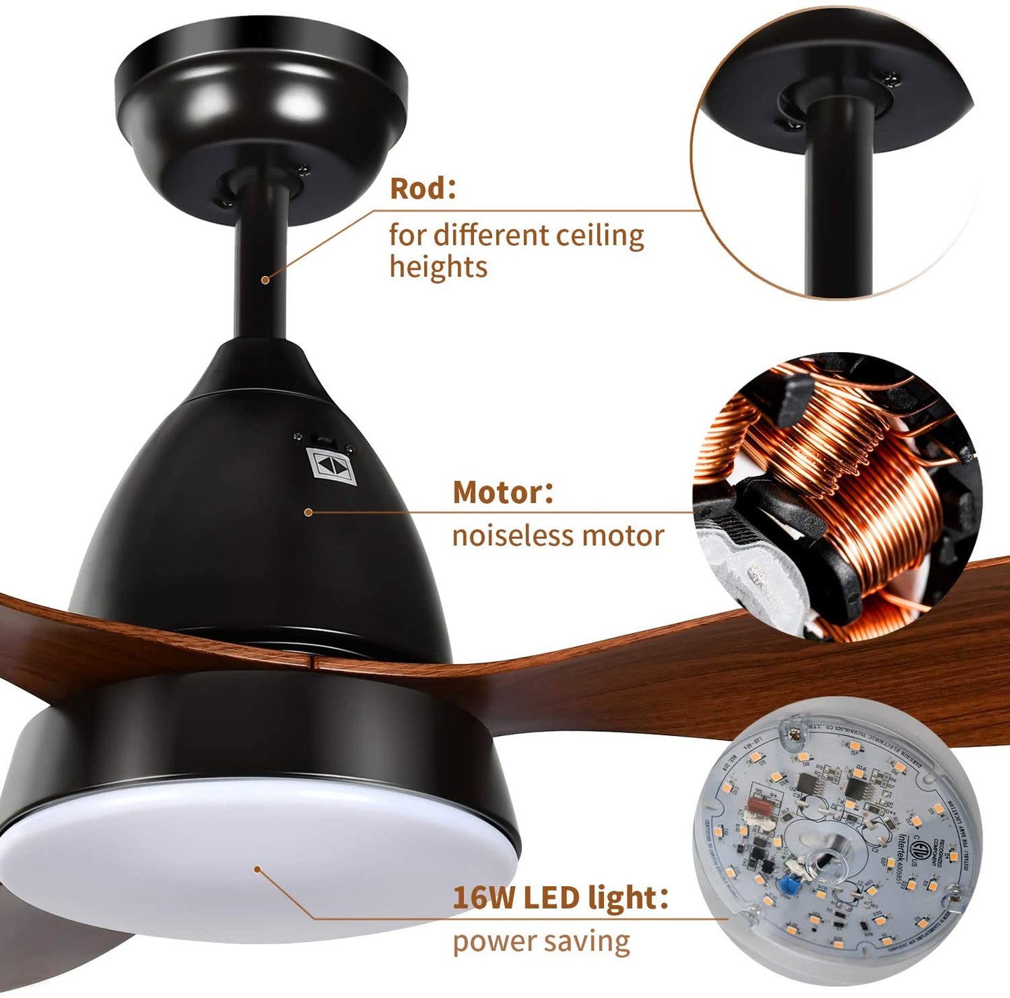 Ceiling Fans, 52'' Ceiling Fan with LED Frosted Light and Remote Control, Brushed Nickel Finish Blades for Living Room Kitchen Bedroom Dining Room, Brown-black  O