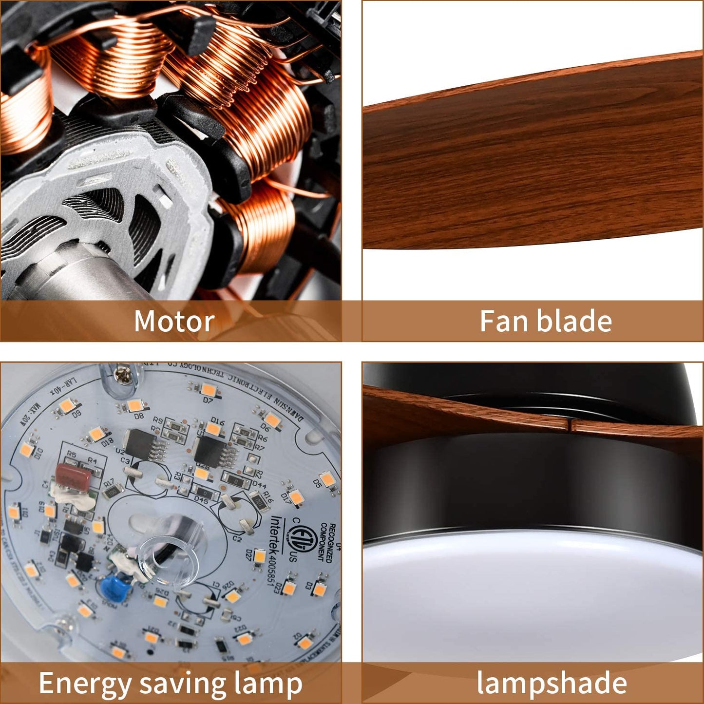 Ceiling Fans, 52'' Ceiling Fan with LED Frosted Light and Remote Control, Brushed Nickel Finish Blades for Living Room Kitchen Bedroom Dining Room, Brown-black  O