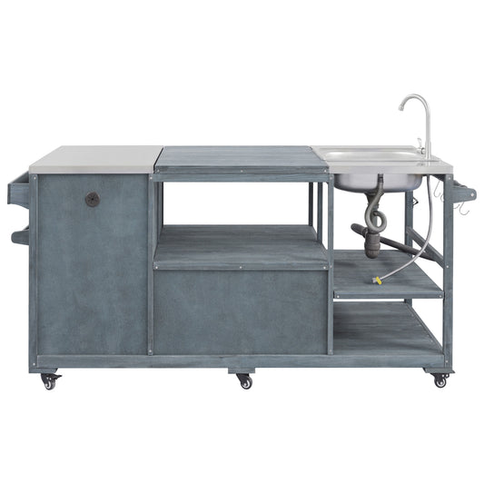 75.4" Outdoor Kitchen Island with Sink, Solid Wood Outdoor Grill Cart for XL Green Egg Grills, Rolling Outdoor Bar Cart with Stainless Steel Top, for Pizza Prep & BBQ, Grey Blue
