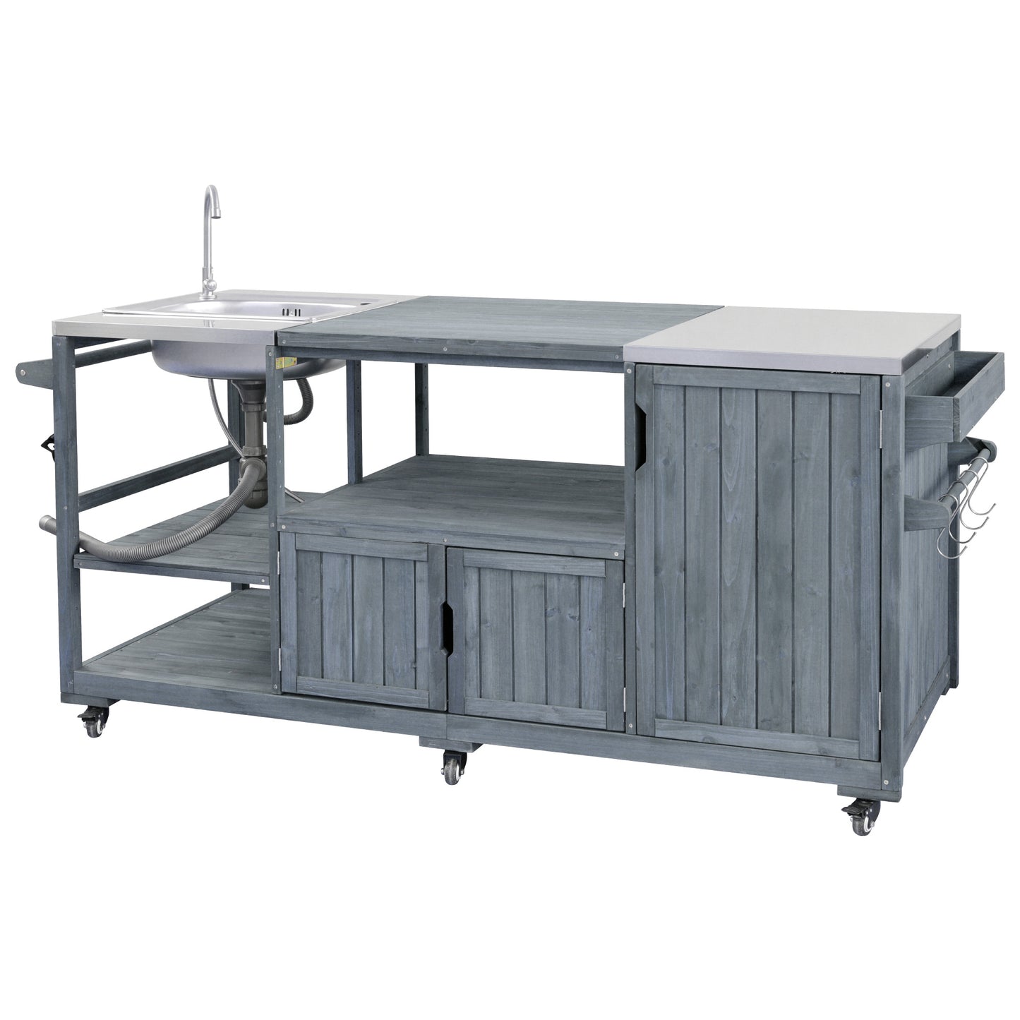 75.4" Outdoor Kitchen Island with Sink, Solid Wood Outdoor Grill Cart for XL Green Egg Grills, Rolling Outdoor Bar Cart with Stainless Steel Top, for Pizza Prep & BBQ, Grey Blue