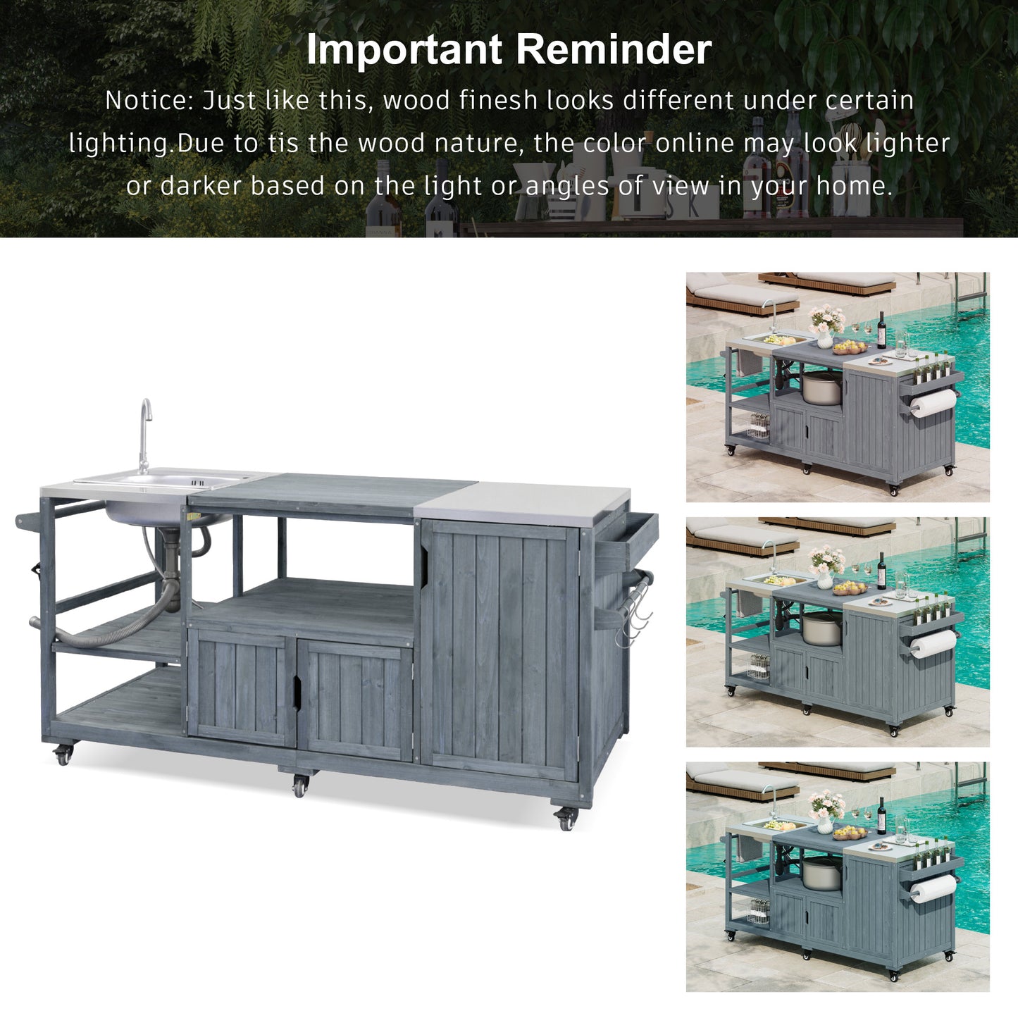 75.4" Outdoor Kitchen Island with Sink, Solid Wood Outdoor Grill Cart for XL Green Egg Grills, Rolling Outdoor Bar Cart with Stainless Steel Top, for Pizza Prep & BBQ, Grey Blue